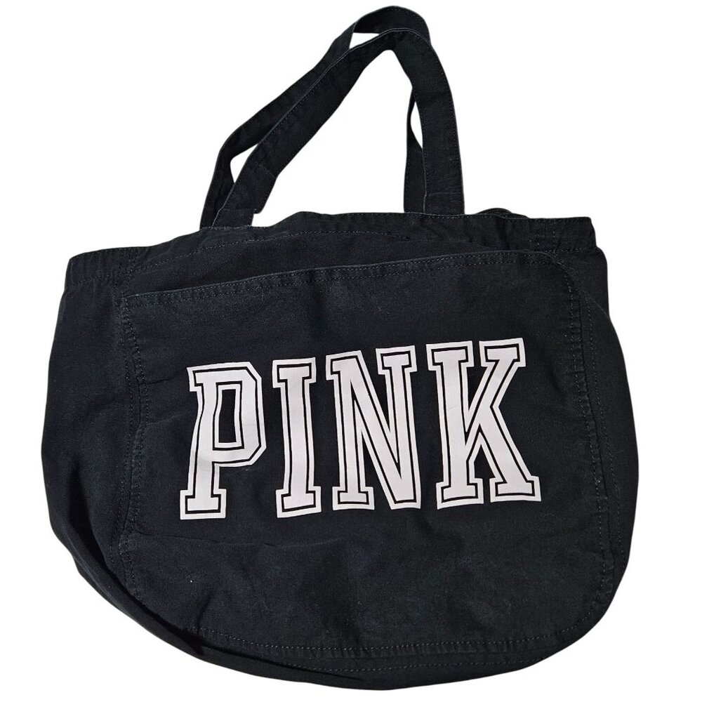 Victorias Secret PINK Black Canvas Tote Large Bag Zipper Closure Bold Logo